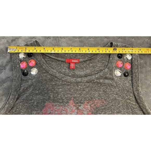 Bongo Women's Gray Sleeveless Tank w/ Floral Skull Jewels 1X High Low Pink Black - Picture 3 of 12